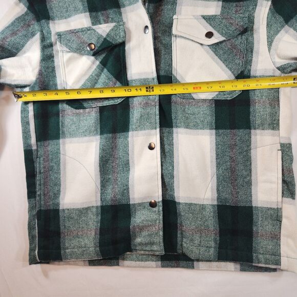 HFX Womens Flannel Shirt Jacket Size Small Green White Plaid Snap Up Pockets - Picture 14 of 16